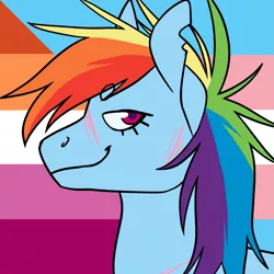 Size: 1157x1157 | Tagged: safe, artist:spartalabouche, derpibooru import, rainbow dash, pegasus, pony, beanbrows, bust, eyebrows, female, image, lesbian pride flag, png, pride, pride flag, scar, smiling, solo, torn ear, transgender pride flag