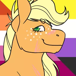 Size: 1157x1157 | Tagged: safe, artist:spartalabouche, derpibooru import, applejack, earth pony, pony, beanbrows, bust, eyebrows, female, image, lesbian pride flag, nonbinary pride flag, png, pride, pride flag, scar, smiling, solo