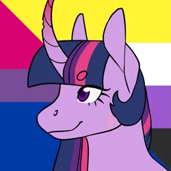 Size: 1157x1157 | Tagged: safe, artist:spartalabouche, derpibooru import, part of a set, twilight sparkle, pony, unicorn, beanbrows, bisexual pride flag, bust, chipped horn, curved horn, eyebrows, female, gradient horn, horn, image, nonbinary pride flag, png, pride, pride flag, scar, smiling, solo