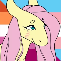 Size: 1157x1157 | Tagged: safe, artist:spartalabouche, derpibooru import, part of a set, fluttershy, pegasus, pony, beanbrows, bust, eyebrows, female, image, lesbian pride flag, png, pride, pride flag, scar, solo, transgender pride flag