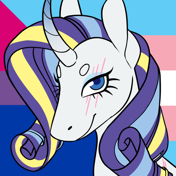 Size: 1157x1157 | Tagged: safe, alternate version, artist:spartalabouche, derpibooru import, part of a set, rarity, pony, unicorn, beanbrows, bisexual pride flag, bust, curved horn, eyebrows, female, gradient horn, horn, image, png, pride, pride flag, rainbow power, scar, smiling, solo, transgender pride flag