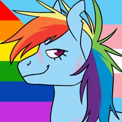 Size: 1157x1157 | Tagged: safe, alternate version, artist:spartalabouche, derpibooru import, part of a set, rainbow dash, pegasus, pony, beanbrows, bust, eyebrows, female, gay pride flag, image, png, pride, pride flag, rainbow power, scar, smiling, solo, torn ear, transgender pride flag