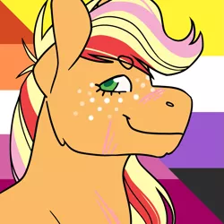 Size: 1157x1157 | Tagged: safe, alternate version, artist:spartalabouche, derpibooru import, part of a set, applejack, earth pony, pony, beanbrows, bust, eyebrows, female, image, lesbian pride flag, nonbinary pride flag, png, pride, pride flag, rainbow power, scar, smiling, solo