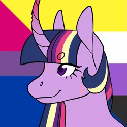 Size: 1157x1157 | Tagged: safe, alternate version, artist:spartalabouche, derpibooru import, part of a set, twilight sparkle, pony, unicorn, beanbrows, bisexual pride flag, bust, chipped horn, curved horn, eyebrows, female, gradient horn, horn, image, nonbinary pride flag, png, pride, pride flag, rainbow power, scar, smiling, solo