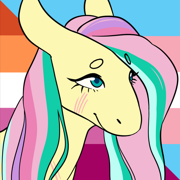 Size: 1157x1157 | Tagged: safe, alternate version, artist:spartalabouche, derpibooru import, part of a set, fluttershy, pegasus, pony, beanbrows, bust, eyebrows, female, image, lesbian pride flag, png, pride, pride flag, rainbow power, scar, solo, transgender pride flag