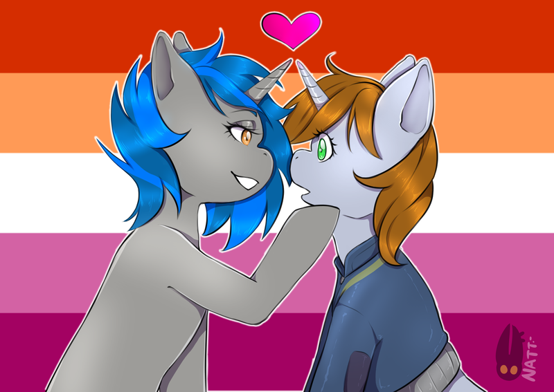 Size: 2039x1446 | Tagged: safe, derpibooru import, oc, oc:homage, oc:littlepip, unicorn, fallout equestria, commissioner:solar aura, female, image, lesbian, lesbian pride flag, png, pride, pride flag