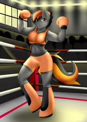 Size: 2894x4093 | Tagged: safe, artist:glacyart, derpibooru import, oc, oc:dusk strike, unofficial characters only, anthro, pegasus, unguligrade anthro, belly button, boxing, boxing ring, breasts, clothes, female, flexing, image, jpeg, smiling, solo, sports, sports bra