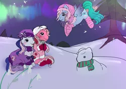 Size: 4093x2894 | Tagged: safe, artist:lolicoom, derpibooru import, aurora mist, snow'el, pony, aurora borealis, clothes, g3, image, night, png, scarf, snow, snowpony, socks, stars, striped scarf, tree, velvet bow, winter, wip