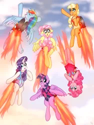Size: 3000x4000 | Tagged: safe, artist:ponykittenboi, derpibooru import, applejack, fluttershy, pinkie pie, rainbow dash, rarity, twilight sparkle, twilight sparkle (alicorn), alicorn, earth pony, pegasus, pony, unicorn, clothes, cloud, cute, cutie mark, cutie mark on clothes, derpibooru exclusive, excited, feather, female, fire, floppy ears, flying, glitter, hatless, image, jetpack, leotard, mane six, mare, missing accessory, pinkie being pinkie, png, requested art, ruffles, scared, sky, smiling, sparkles, sparkly
