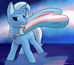 Size: 1280x1120 | Tagged: safe, derpibooru import, trixie, pony, unicorn, female, flag, image, jpeg, pride, pride flag, pride month, pride ponies, solo, trans female, trans trixie, transgender, transgender pride flag