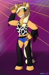 Size: 1280x1952 | Tagged: suggestive, artist:passionpanther, derpibooru import, applejack, anthro, earth pony, unguligrade anthro, chaps, cowgirl, cowgirl outfit, cowprint, grin, hoof fingers, image, jpeg, one eye closed, party, rave, smiling, wink