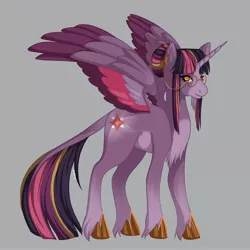 Size: 2500x2500 | Tagged: safe, artist:bunistxr, derpibooru import, twilight sparkle, twilight sparkle (alicorn), alicorn, pony, colored wings, female, glasses, gray background, image, jpeg, leonine tail, mare, multicolored hair, multicolored wings, redesign, simple background, smiling, solo, tail, unshorn fetlocks, wings