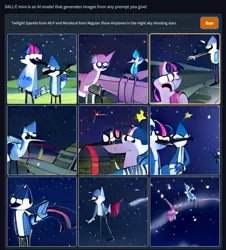 Size: 799x884 | Tagged: safe, dall·e mini, derpibooru import, twilight sparkle, artificial intelligence, crossover, crossover shipping, dall-e, female, image, male, mordecai, mordetwi, night, png, regular show, shipping, stars, straight