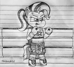 Size: 1280x1164 | Tagged: safe, artist:ct1443ae, derpibooru import, trixie, semi-anthro, unicorn, angry, boxing, boxing boots, boxing gloves, boxing ring, boxing shoes, boxing shorts, boxing skirt, clothes, image, jpeg, lined paper, pencil drawing, shoes, shorts, skirt, socks, solo, sports, sports boots, sports bra, sports shoes, sports shorts, sports skirt, traditional art