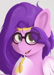 Size: 2480x3420 | Tagged: safe, artist:drawalaverr, derpibooru import, pipp petals, pegasus, pony, braces, bust, crown, eye clipping through hair, fanart, female, filly, foal, freckles, g5, glasses, image, jewelry, looking at you, mare, offscreen character, png, portrait, regalia, simple background, smiling, solo