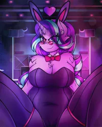 Size: 3024x3780 | Tagged: suggestive, artist:canvymamamoo, derpibooru import, starlight glimmer, anthro, unicorn, big breasts, bowtie, breasts, bunny ears, bunny suit, busty starlight glimmer, chest fluff, cleavage, clothes, ear fluff, eye clipping through hair, eyeshadow, female, floating heart, glasses, hair over one eye, heart, huge breasts, image, jpeg, leotard, looking at you, makeup, pantyhose, playboy bunny starlight glimmer, raised eyebrow, sitting, smiling, socks, solo, solo female, spread legs, spreading, stockings, thigh highs