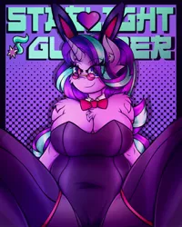 Size: 3024x3780 | Tagged: suggestive, alternate version, artist:canvymamamoo, derpibooru import, starlight glimmer, anthro, unicorn, abstract background, big breasts, bowtie, breasts, bunny ears, bunny suit, busty starlight glimmer, chest fluff, cleavage, clothes, cutie mark, ear fluff, eye clipping through hair, eyeshadow, female, floating heart, glasses, hair over one eye, heart, huge breasts, image, jpeg, leotard, looking at you, makeup, pantyhose, playboy bunny starlight glimmer, raised eyebrow, sitting, smiling, socks, solo, solo female, spread legs, spreading, stockings, text, thigh highs