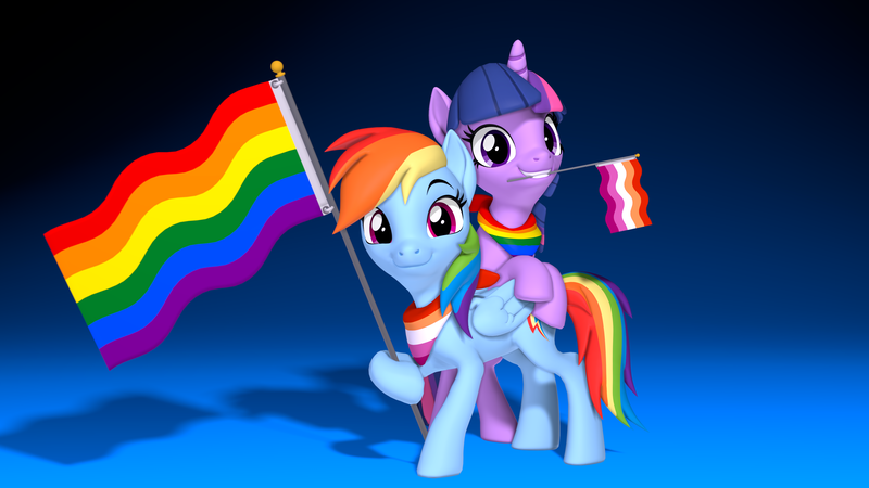 Size: 3840x2160 | Tagged: safe, artist:owlpirate, derpibooru import, rainbow dash, twilight sparkle, twilight sparkle (alicorn), alicorn, pegasus, pony, 3d, 4k, bandana, bipedal, bipedal leaning, female, gay pride flag, high res, image, leaning, lesbian, lesbian pride flag, looking at you, mare, mouth hold, png, pride, pride flag, pride month, shipping, smiling, smiling at you, source filmmaker, twidash