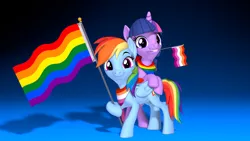 Size: 3840x2160 | Tagged: safe, artist:owlpirate, derpibooru import, rainbow dash, twilight sparkle, twilight sparkle (alicorn), alicorn, pegasus, pony, 3d, 4k, bandana, bipedal, bipedal leaning, female, gay pride flag, high res, image, leaning, lesbian, lesbian pride flag, looking at you, mare, mouth hold, png, pride, pride flag, pride month, shipping, smiling, smiling at you, source filmmaker, twidash