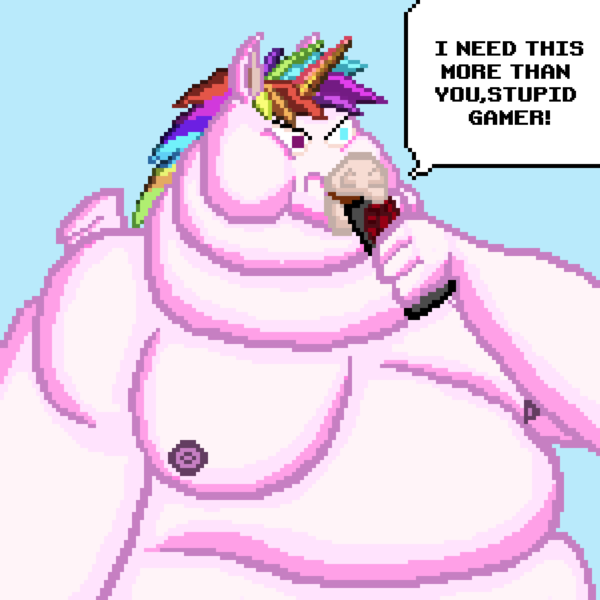 Size: 1500x1500 | Tagged: questionable, artist:jacalope, derpibooru import, oc, alicorn, anthro, alicorn oc, bhm, derpibooru exclusive, double chin, eating, fat, graphics card, horn, image, moobs, morbidly obese, neck roll, nft, nipples, nudity, obese, pica, pixel art, png, simple background, small wings, speech bubble, wings