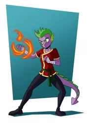 Size: 2481x3508 | Tagged: safe, artist:new-ereon, derpibooru import, spike, anthro, dragon, commission, fighting stance, fire, hand wraps, image, jpeg, male, martial artist, martial arts, simple background, solo, superhero