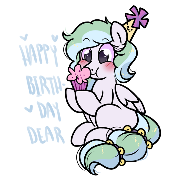 Size: 1000x1000 | Tagged: safe, artist:paperbagpony, derpibooru import, oc, oc:river chime, bells, blushing, food, happy birthday, hat, image, muffin, party hat, png, simple background, white background