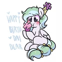 Size: 1000x1000 | Tagged: safe, artist:paperbagpony, derpibooru import, oc, oc:river chime, bells, blushing, food, happy birthday, hat, image, muffin, party hat, png, simple background, white background