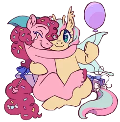 Size: 1280x1305 | Tagged: safe, artist:universal-heart, derpibooru import, fluttershy, pinkie pie, earth pony, flutter pony, pegasus, pony, balloon, crying, female, flutterpie, hug, image, lesbian, mare, missing cutie mark, one eye closed, png, present, race swap, shipping, simple background, tears of joy, transparent background