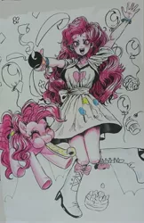 Size: 2370x3656 | Tagged: safe, artist:zzugguri, derpibooru import, pinkie pie, earth pony, pony, equestria girls, balloon, cake, duality, eyes closed, food, human ponidox, image, jpeg, open mouth, open smile, party horn, self paradox, self ponidox, smiling, traditional art