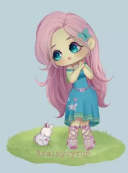 Size: 1584x2136 | Tagged: safe, artist:rainysyrup, derpibooru import, fluttershy, rabbit, equestria girls, animal, blue background, chibi, clothes, cute, dress, hands together, image, jpeg, shyabetes, signature, simple background, solo