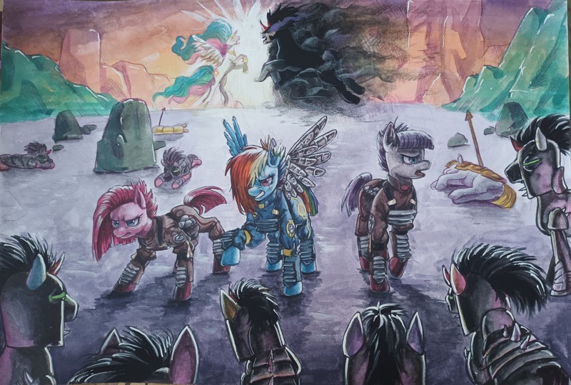 Size: 3357x2261 | Tagged: safe, artist:zzugguri, derpibooru import, king sombra, maud pie, pinkie pie, princess celestia, rainbow dash, alicorn, earth pony, pegasus, pony, alternate timeline, butt, crystal war timeline, image, jpeg, plot, traditional art, war