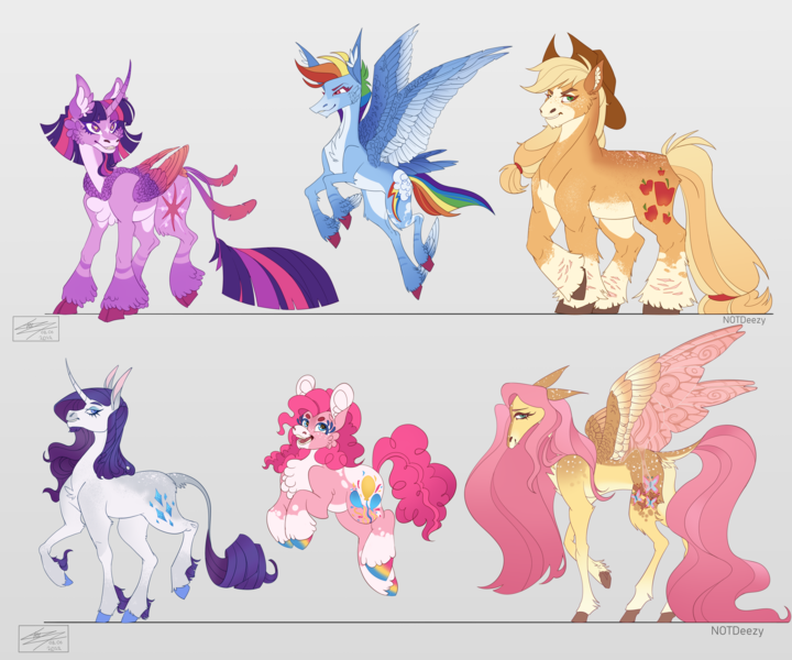 Size: 5000x4167 | Tagged: safe, artist:sakishithewolf, derpibooru import, applejack, fluttershy, pinkie pie, rainbow dash, rarity, twilight sparkle, twilight sparkle (alicorn), alicorn, classical unicorn, earth pony, pegasus, pony, unicorn, alternate design, cloven hooves, coat markings, feathered fetlocks, female, gray background, hoof fluff, hooves, hybrid wings, image, leonine tail, long feather, mane six, mare, multicolored hooves, png, simple background, twitterina design, unshorn fetlocks, wings