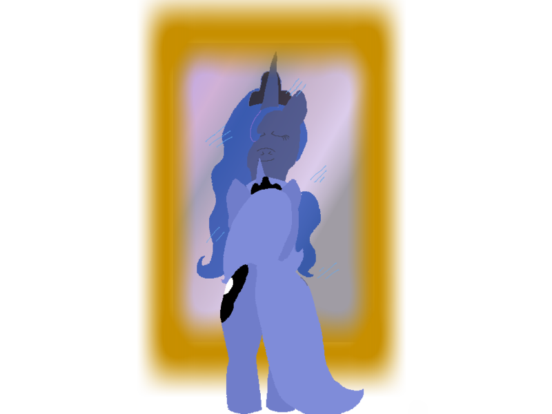 Size: 900x675 | Tagged: safe, artist:thepanther17fan, derpibooru import, princess luna, alicorn, pony, crown, eyes closed, female, horn, image, jewelry, mare, mirror, moon, png, reflection, regalia, s1 luna, simple background, smiling, transparent background