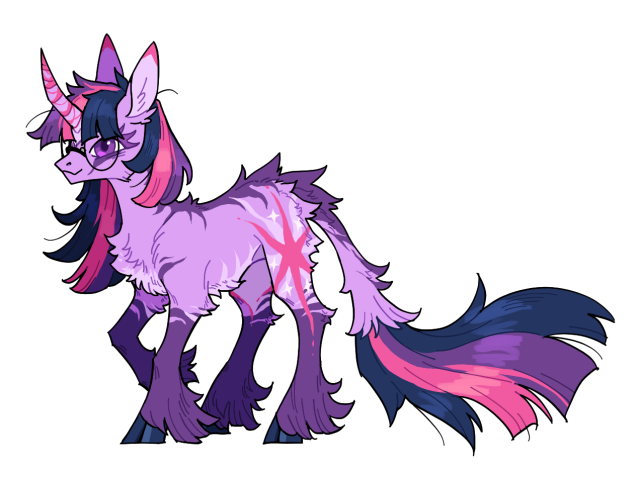 Size: 640x479 | Tagged: safe, artist:xenon, derpibooru import, twilight sparkle, pony, unicorn, cloven hooves, curved horn, cutie mark, female, glasses, horn, image, leonine tail, png, raised hoof, redesign, simple background, smiling, solo, tail, transparent background, twitterina design, unshorn fetlocks