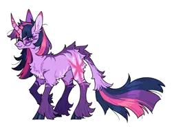 Size: 640x479 | Tagged: safe, artist:xenon, derpibooru import, twilight sparkle, pony, unicorn, cloven hooves, curved horn, cutie mark, female, glasses, horn, image, leonine tail, png, raised hoof, redesign, simple background, smiling, solo, tail, transparent background, twitterina design, unshorn fetlocks