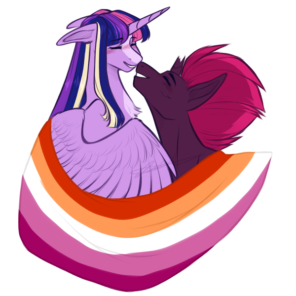 Size: 1000x1000 | Tagged: safe, artist:purplegrim40, derpibooru import, twilight sparkle, twilight sparkle (alicorn), alicorn, pony, image, magical lesbian spawn, nuzzling, offspring, parent:tempest shadow, parent:twilight sparkle, parents:tempestlight, png, pride flag, simple background, white background