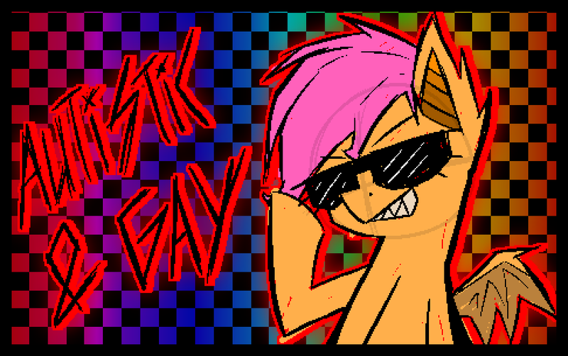 Size: 972x610 | Tagged: safe, artist:xxv4mp_g4z3rxx, derpibooru import, scootaloo, bat pony, pony, autism, bat ponified, boasting, checkered background, female, image, implied lesbian, png, race swap, rainbow background, scootabat, sharp teeth, solo, solo female, species swap, sunglasses, teeth