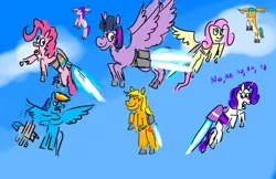 Size: 1280x829 | Tagged: safe, artist:horsesplease, derpibooru import, applejack, fluttershy, hitch trailblazer, pinkie pie, pipp petals, rainbow dash, rarity, twilight sparkle, twilight sparkle (alicorn), alicorn, doodle, flying, g5, image, jetpack, jpeg, mane six, sad hitch, sad pipp, wat, wing ears, wings