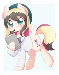 Size: 1505x1915 | Tagged: safe, artist:ginmaruxx, artist:kuzuyukuro, derpibooru import, oc, unofficial characters only, earth pony, pony, blushing, bowtie, clipboard, clothes, cute, eye clipping through hair, female, hat, hoof hold, image, jpeg, mare, mouth hold, ocbetes, raised hoof, simple background, solo, white background
