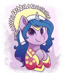 Size: 681x765 | Tagged: safe, artist:twiliysa, derpibooru import, izzy moonbow, pony, unicorn, clothes, female, g5, image, indonesia, jpeg, looking at you, mare, smiling, solo