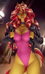 Size: 2493x4096 | Tagged: suggestive, artist:holivi, derpibooru import, sunset shimmer, anthro, unicorn, breasts, cleavage, clothes, collar, female, horn, image, jacket, leather jacket, leotard, png, spiked collar
