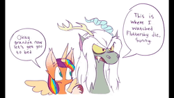 Size: 1280x720 | Tagged: safe, artist:sidruni, derpibooru import, idw, discord, sunny starscout, alicorn, draconequus, pony, my little pony: a new generation, spoiler:comic, spoiler:g5comic, spoiler:g5comic05, animated, conbons, g5, image, implied fluttershy, meme, old man discord, ponified meme, race swap, simple background, sound, speech bubble, sunnycorn, this is where i watched my parents die parappa, voice acting, webm, white background, white hair