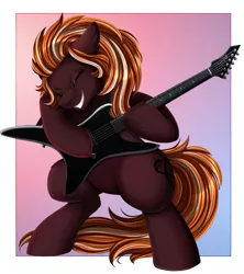 Size: 3080x3476 | Tagged: safe, artist:pridark, derpibooru import, oc, unofficial characters only, earth pony, pony, bipedal, commission, earth pony oc, electric guitar, eyes closed, guitar, image, male, musical instrument, playing, png, smiling, solo