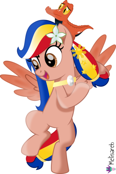 Size: 4000x6013 | Tagged: safe, artist:melisareb, derpibooru import, oc, oc:east, oc:pearl shine, ponified, unofficial characters only, crocodile, pegasus, pony, .svg available, absurd resolution, colored wings, duo, east timor, female, flower, flower in hair, flying, gradient wings, image, independence day, jewelry, male, mare, movie accurate, nation ponies, necklace, open mouth, philippines, png, simple background, stars, timor-leste, transparent background, vector, wings