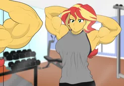 Size: 3946x2739 | Tagged: suggestive, artist:matchstickman, derpibooru import, sunset shimmer, equestria girls, arm behind head, biceps, breasts, clothes, female, fetish, gym, image, mirror, muscle fetish, muscles, muscular female, png, shirt, solo, solo female, sunset lifter, sweat, sweatdrop