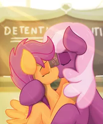Size: 1791x2160 | Tagged: suggestive, alternate version, artist:glutenfree_texmex, derpibooru import, cheerilee, scootaloo, earth pony, pegasus, pony, age difference, bedroom eyes, chalkboard, cheeriloo, derpibooru exclusive, detention, female, filly, foal, foalcon, french kiss, image, kissing, lesbian, mare, nose to nose, png, ponyville schoolhouse, shipping, spread wings, tongue out, underage, wingboner, wings