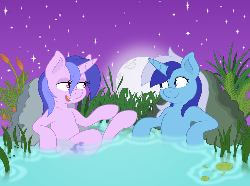 Size: 4872x3636 | Tagged: safe, artist:joey darkmeat, artist:thatusualguy06, derpibooru import, minuette, sea swirl, seafoam, pony, unicorn, .svg available, duo, duo female, female, high res, image, looking at each other, looking at someone, mare, moon, night, open mouth, plant, png, rock, stars, vector, wet, wet mane