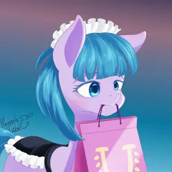 Size: 3000x3000 | Tagged: safe, artist:hauntedtuba, derpibooru import, tote bag (character), earth pony, pony, clothes, image, jpeg, maid, mouth hold, solo