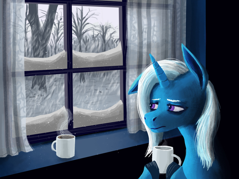 Size: 1600x1200 | Tagged: safe, artist:necromarecy, derpibooru import, trixie, pony, unicorn, cup, image, jpeg, sad, snow, snowfall, solo, tree, window, winter