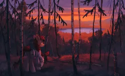 Size: 2429x1474 | Tagged: safe, artist:koviry, derpibooru import, oc, oc:vird-gi, unofficial characters only, pony, unicorn, braid, braided tail, clothes, commission, female, forest, image, lake, mare, png, raised hoof, robe, scenery, smiling, solo, tail, tree, underhoof, ych result